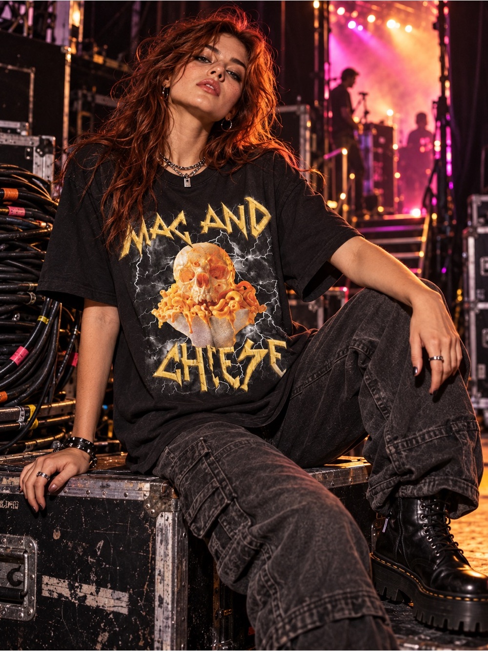 Gildan Black Graphic Mac and Cheese Skull Tee